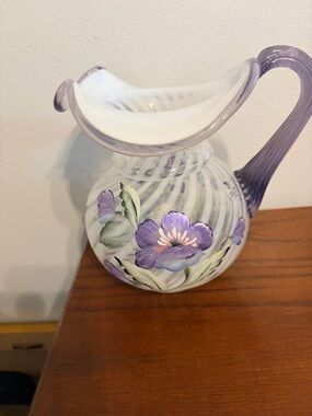 Fenton 95th Anniversary Pitcher 7" Spiral Optic Purple Crest Signed D. Barbour